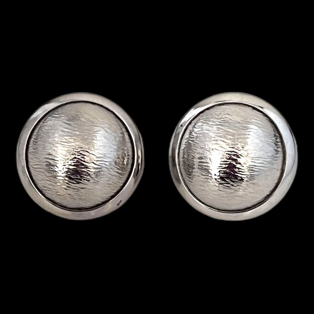 Vintage 1980s Textured Button Earrings Silver Tone Pierced - 7Q